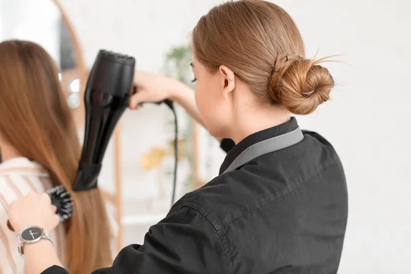 Female Hairdresser Drying Young Woman Hair Beauty Salon Closeup — Stock Photo, Image