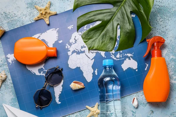 Composition World Map Bottle Sunscreen Cream Sunglasses Tropical Leaf Grey — Stock Photo, Image