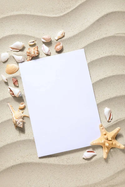 Blank Card Starfish Seashells Sand — Stock Photo, Image