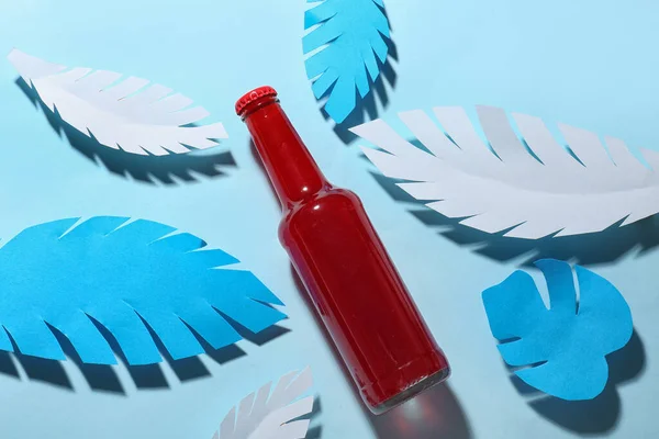 Composition Bottle Fresh Soda Paper Leaves Blue Background — Stock Photo, Image