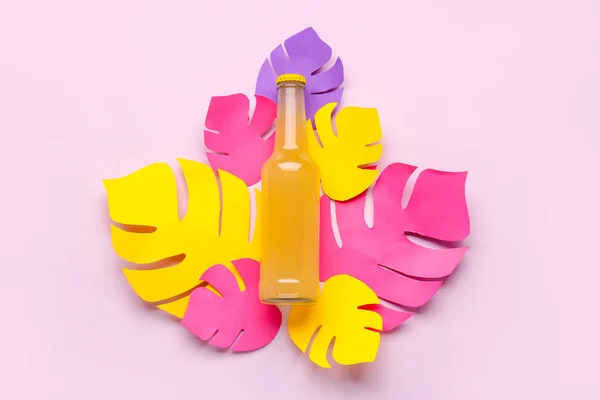 Composition Bottle Fresh Soda Paper Leaves Purple Background — Stock Photo, Image