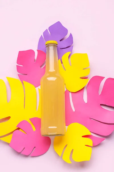 Composition Bottle Fresh Soda Paper Leaves Purple Background — Stock Photo, Image