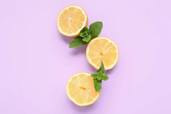 Fresh Lemons Mint Lilac Background — Stock Photo, Image