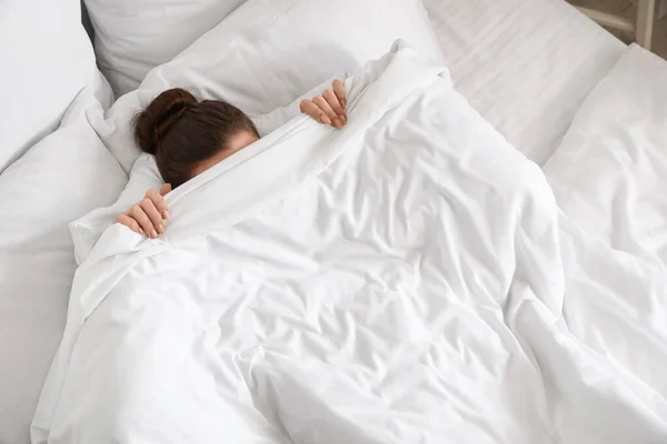 Morning Young Woman Blanket Lying Bed — Stock Photo, Image