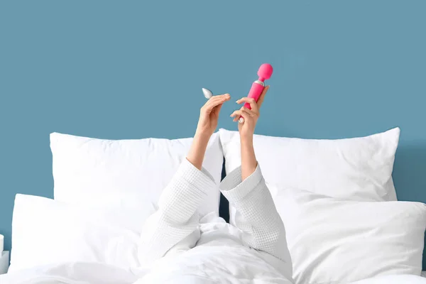 Morning Young Woman Sex Toys Bed — Stock Photo, Image