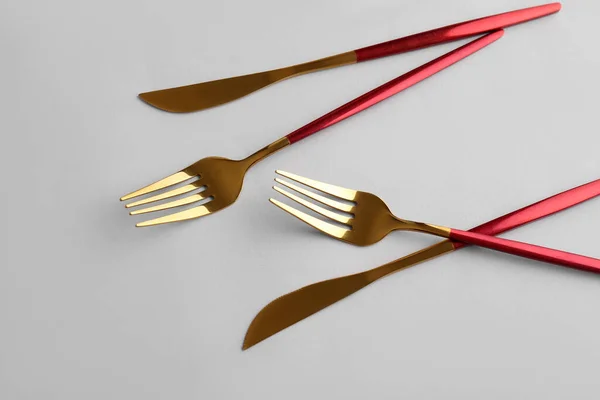 Stylish Forks Knives Grey Background — Stock Photo, Image