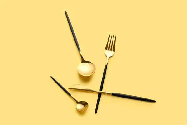 Stylish Cutlery Yellow Background — Stock Photo, Image
