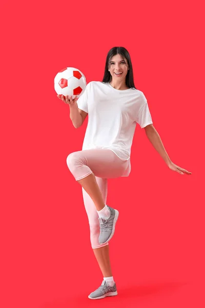 Happy Young Woman Soccer Ball Red Background — Stock Photo, Image