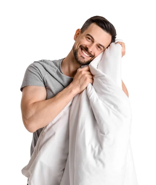 Красивый Мужчина Мягким Одеялом Белом Фоне — стоковое фото