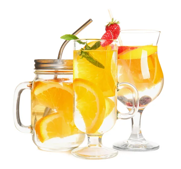 Glasses Mason Jar Infused Water Orange Slices White Background — Stock Photo, Image