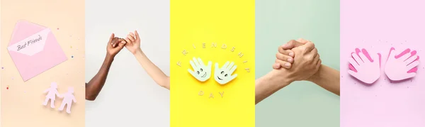 Collage Zum Internationalen Tag Der Freundschaft Auf Farbigem Hintergrund — Stockfoto