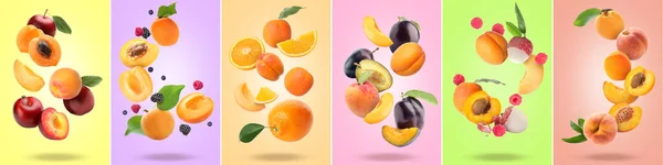 Collage Met Veel Vliegende Vruchten Bessen Kleurrijke Achtergrond — Stockfoto