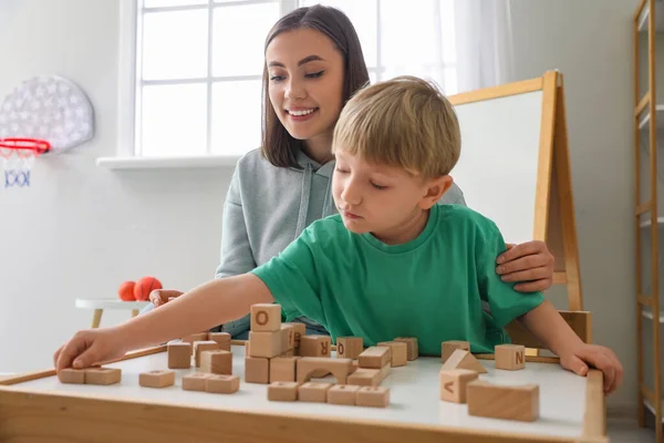 Little Boy Nanny Playing Cubes Home — Stock Photo, Image
