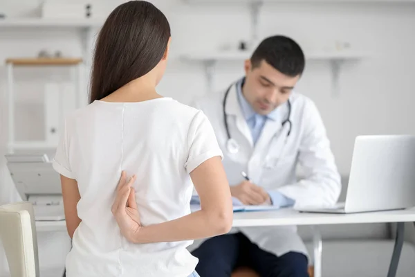 Young Woman Bad Posture Visiting Doctor Clinic Back View — Stock Photo, Image