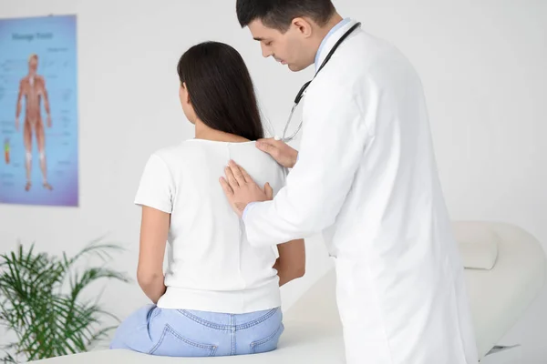 Male Doctor Checking Posture Young Woman Clinic — Stock Photo, Image