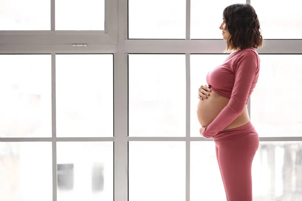 Sporty Pregnant Woman Window Home — Stock Photo, Image