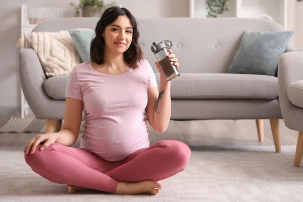 Mujer Embarazada Deportiva Con Botella Agua Casa — Foto de Stock