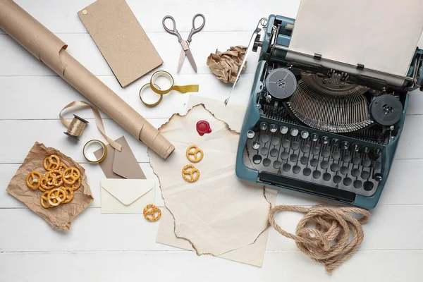 Composition Vintage Typewriter Parchments Snacks Scissors White Wooden Table — Stock Photo, Image