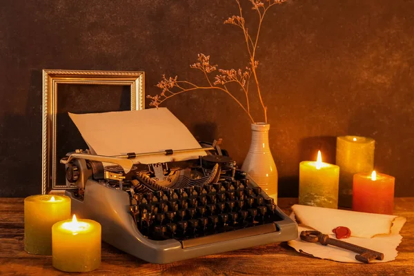 Vintage Typewriter Burning Candles Old Key Envelope Wax Seal Wooden — Stock Photo, Image