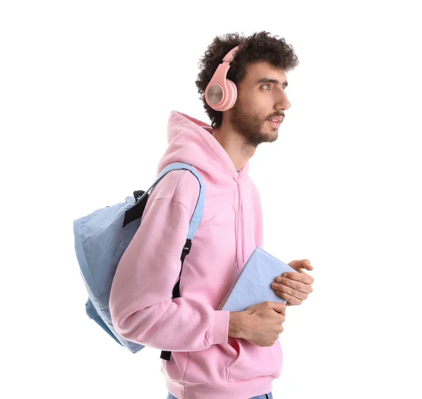 Male Student Headphones Book White Background — Stock Photo, Image