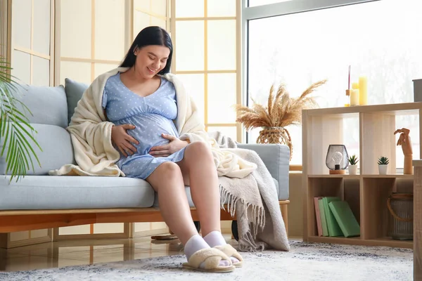Ung Gravid Kvinde Med Plaid Sidder Sofaen Derhjemme - Stock-foto