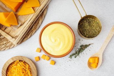 Lezzetli çedar peyniri soslu kase ve beyaz grunge arka planda bir fincan biberiye.