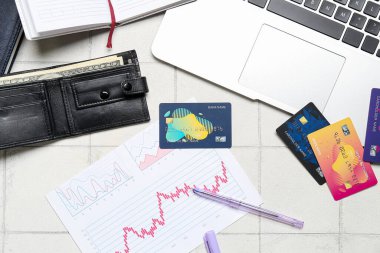 Cüzdanında para, kredi kartı ve grafikler var.