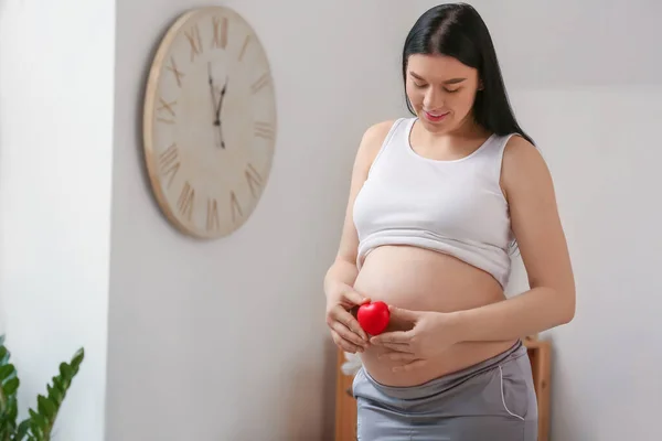 Young Pregnant Woman Heart Bedroom — Stock Photo, Image