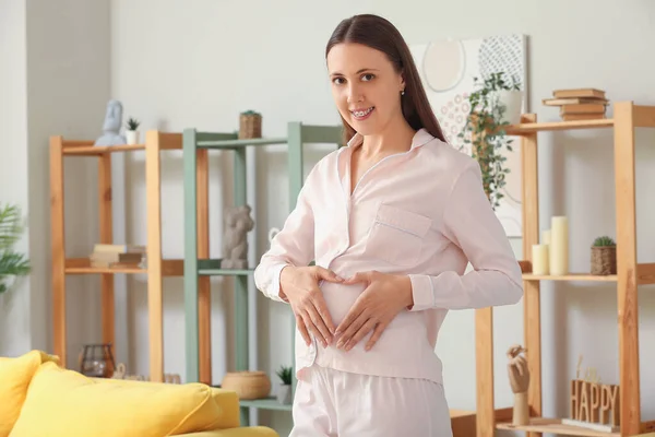 Young Pregnant Woman Pajamas Home — Stock Photo, Image