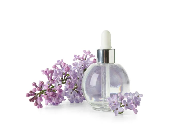 Flasche Kosmetiköl Mit Schönen Lila Blüten Auf Weißem Hintergrund — Stockfoto