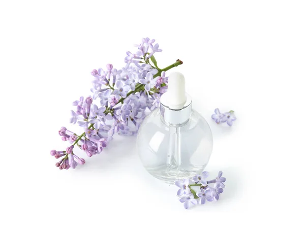 Bottle Cosmetic Oil Beautiful Lilac Flowers White Background — Stock Photo, Image