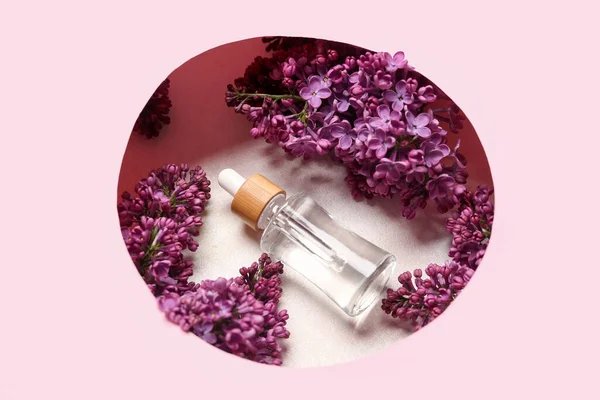 Composition Bottle Lilac Essential Oil Flowers Pink Background Closeup — Stock Photo, Image