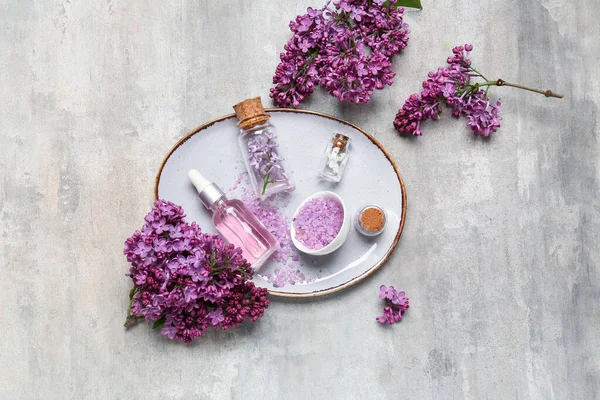 Composition Bottle Lilac Essential Oil Sea Salt Flowers Grunge Background — Stock Photo, Image