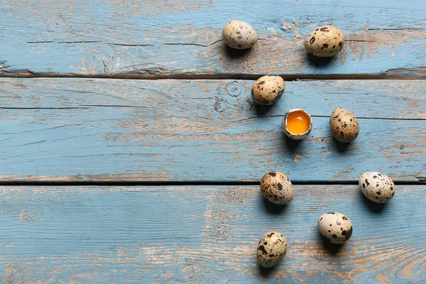 Fresh Quail Eggs Blue Wooden Background — Stock Photo, Image