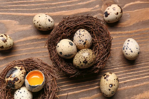Nests Fresh Quail Eggs Wooden Background — Stock Photo, Image