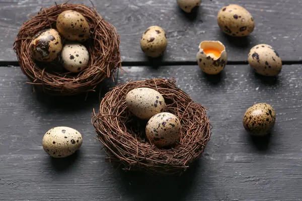 Nests Fresh Quail Eggs Dark Wooden Background — Stock Photo, Image