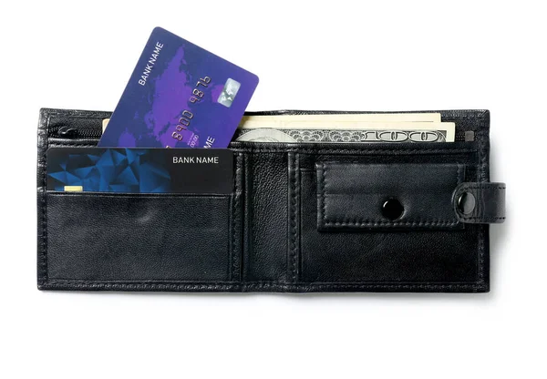 Czarny Skórzany Portfel Pieniędzmi Kartami Kredytowymi Białym Tle — Zdjęcie stockowe