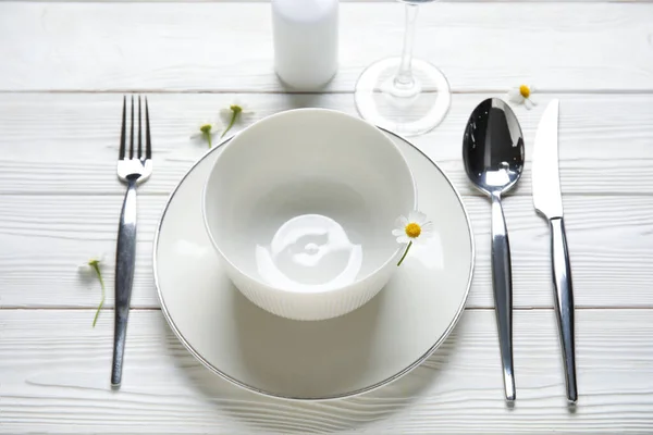 Stylish Table Setting Candle White Wooden Background — Stock Photo, Image