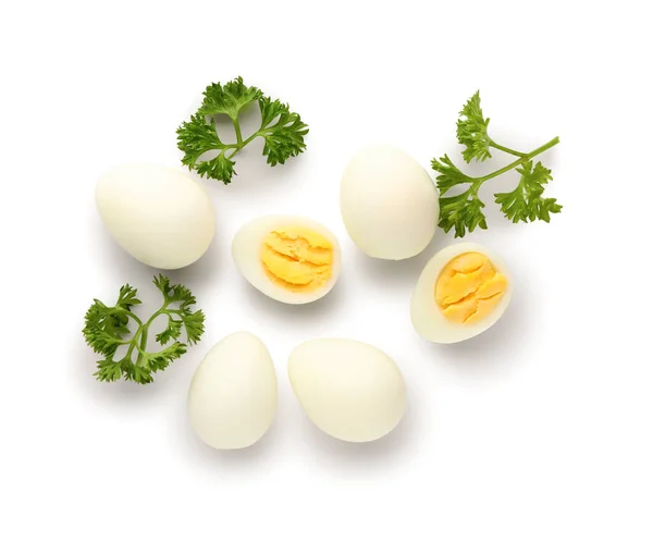 Huevos Codorniz Cocidos Con Perejil Sobre Fondo Blanco —  Fotos de Stock