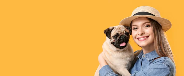 Beautiful Young Woman Cute Pug Dog Yellow Background Space Text — Stock Photo, Image