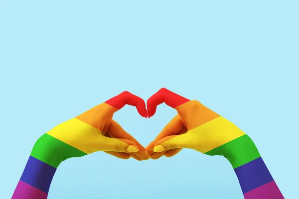 Hand Colors Lgbt Flag Making Heart Blue Background Pride Month — Stock Photo, Image