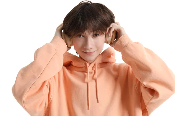 Teenage Boy Headphones Listening Music White Background Closeup — Stock Photo, Image