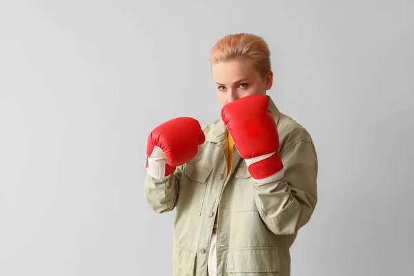 Young Woman Boxing Gloves Light Background — Stock Photo, Image