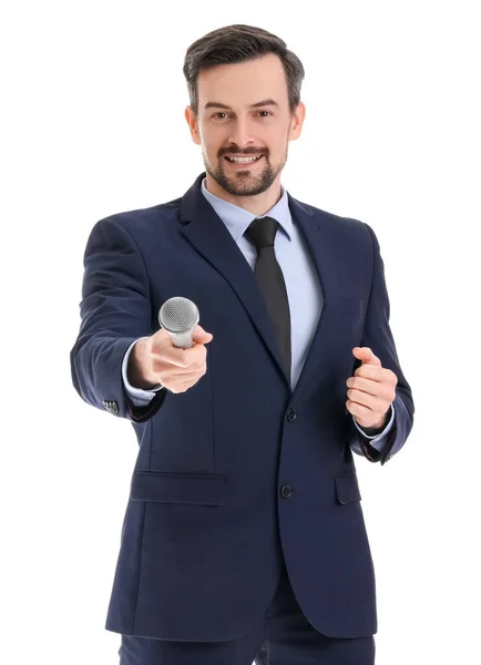 Jornalista Masculino Com Microfone Sobre Fundo Branco — Fotografia de Stock