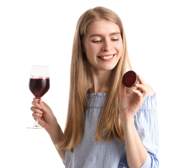 Young Woman Glass Vegetable Juice Beet White Background — Stock Photo, Image