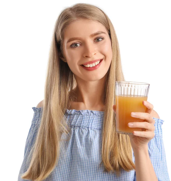 Νεαρή Γυναίκα Ένα Ποτήρι Χυμό Λαχανικών Λευκό Φόντο Κοντινό Πλάνο — Φωτογραφία Αρχείου