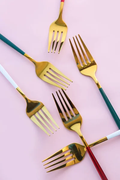 Golden Forks Pink Background — Stock Photo, Image