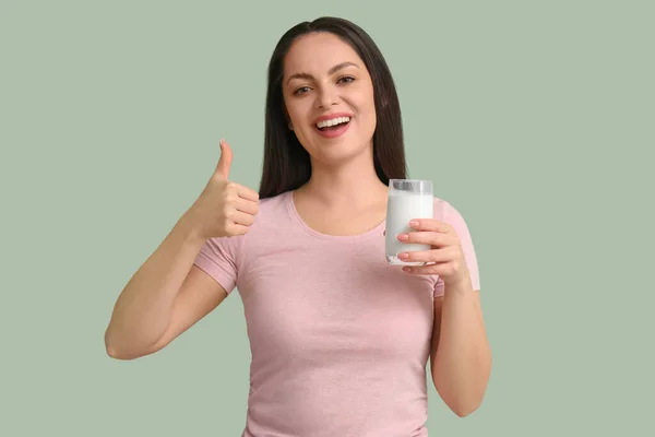 Beautiful Young Woman Glass Milk Showing Thumb Mint Background — Stock Photo, Image