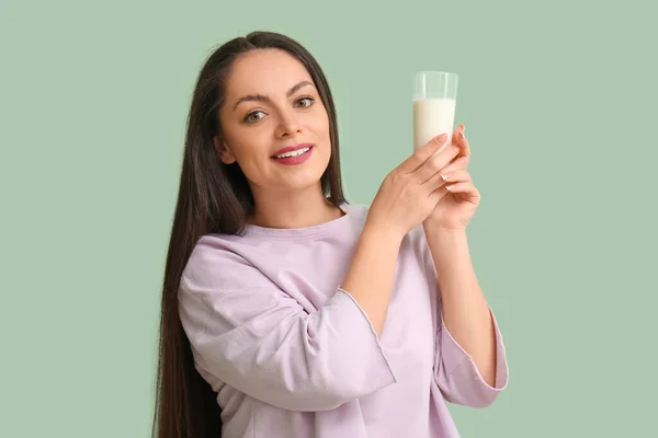 Beautiful Young Woman Glass Milk Mint Background — Stock Photo, Image