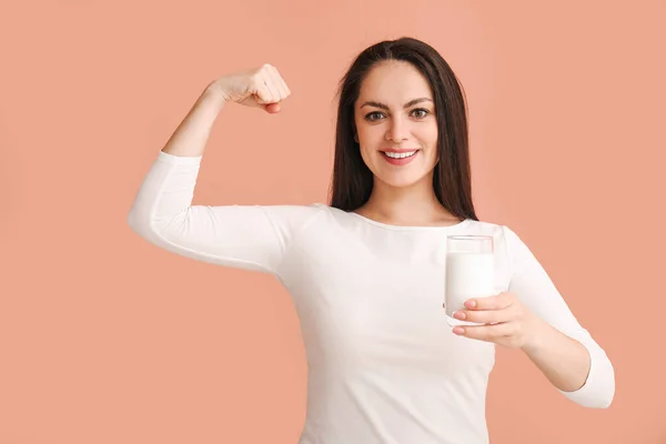 Healthy Young Woman Glass Milk Beige Background — Stock Photo, Image